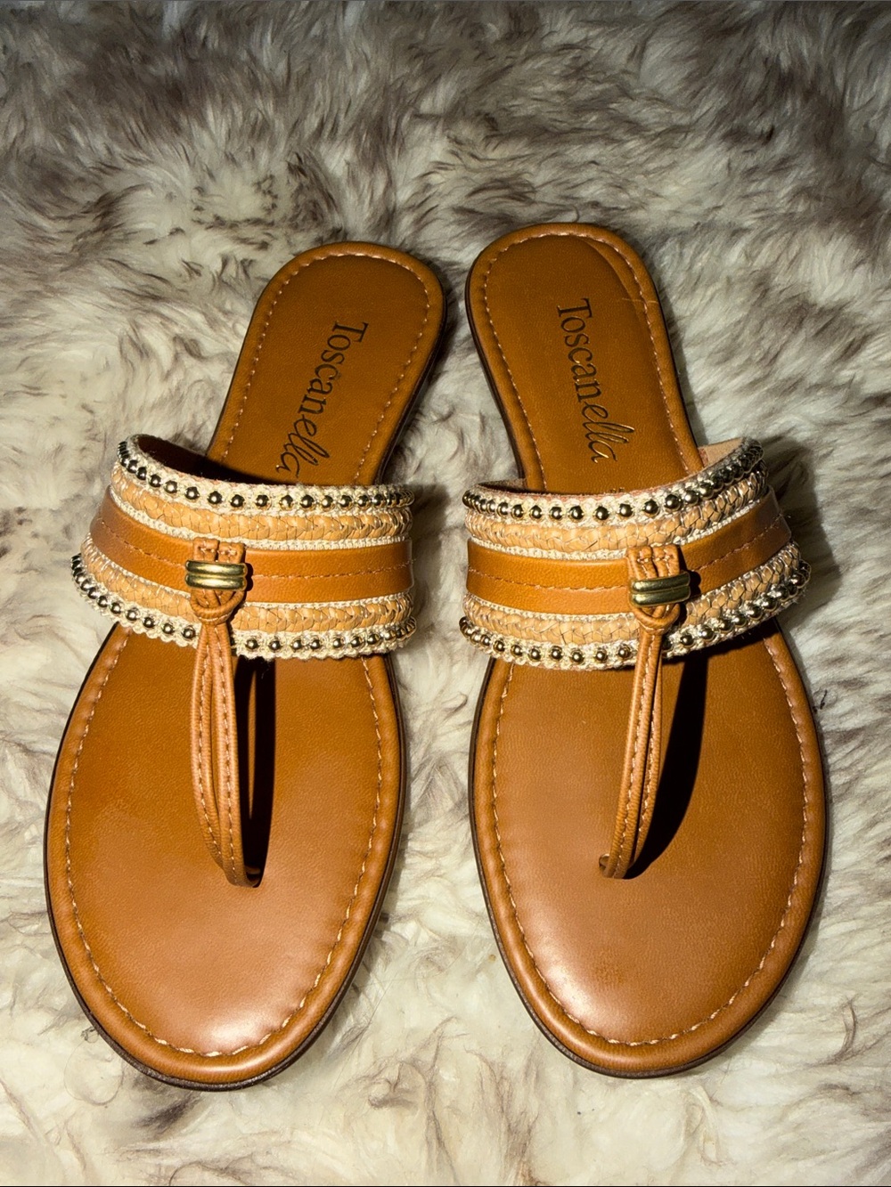 Toscanella Leather Italy braided tan dressy casual sandals 8.5 woven bead gold
